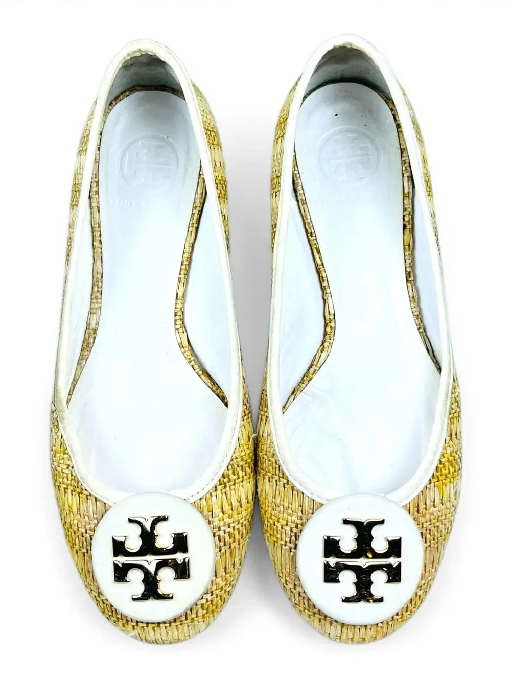 Tory Burch Reva Raffia Ballet Flats Size 7 Natural Woven Gold Logo